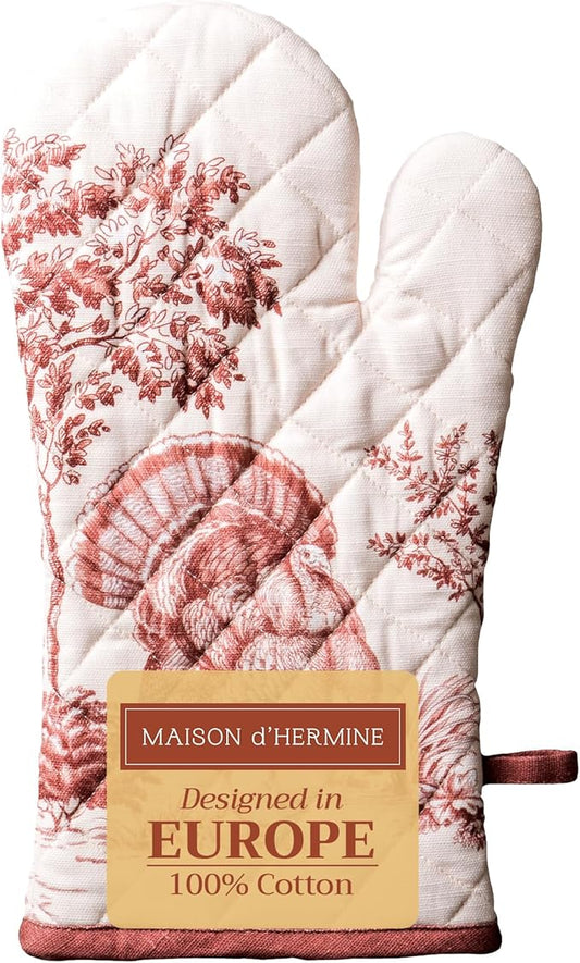 Maison d' Hermine Oven Gloves 100% Cotton Oven Mitt 7" x 13" with Loop Heat Resistant BBQ Cooking Gloves for Thanksgiving Christmas Decorations Baking Handling Hot Pans (Pack of 1, Holy Jouy - Brown)