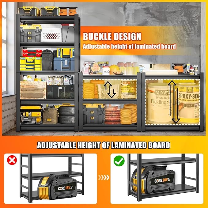 Garage Shelving - 5 Tier Adjustable Storage Shelves, Heavy Duty Metal Storage Utility Rack Shelf Unit for Warehouse Pantry Closet Kitchen, Black, 32" W X 16" D X 63" H