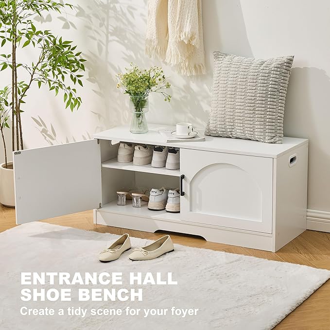 Storage Bench, 39.4" Shoe Bench with Storage, 2 Tier Entryway Bench with 2 Doors, Adjustable Shelf, 39.4" W x 15.8" D x 18.1" H, Holds up to 330lbs for Entryway Living Room Bedroom Hallway, White