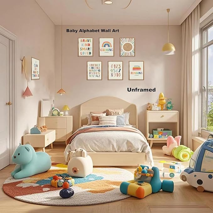 Baby Alphabet Wall Art Set of 9, 1 2 3 number Rainbow Canvas Posters Prints, Kids ABC Positive Affirmation Wall Decor Paintings for Kids Room Nursery Bedroom Home Decor 8x10In Unframed