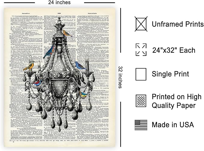Poster Master Dictionary Art Poster - Antique Chandelier Print - Bird Art - Baroque Art - Gift for Men & Women - Chic Decor for Living Room, Dining Room, Bedroom or Kitchen, 24x32 Unframed Wall Art