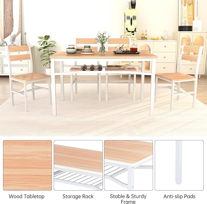 Hooseng Dining Table Set for 4, Wood Kitchen Table Chairs Set with Storage, Farmhouse 5 Piece Dining Room Table Set, Space-Saving Dinette Set for Breakfast Nook, Apartment