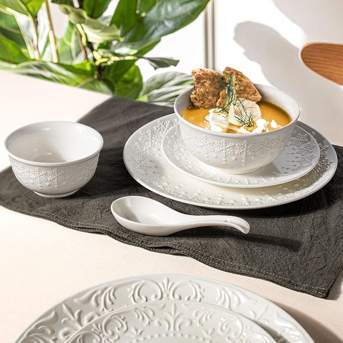Cereal Bowls Set of 4 - Ceramic Soup Bowls for Kitchen 30 Oz Embossment White Breakfast Bowls for Rice, Pasta, Fruits, Salad, Ramen, 6.25 Inch, Dishwasher & Microwave Safe (Snowflake)