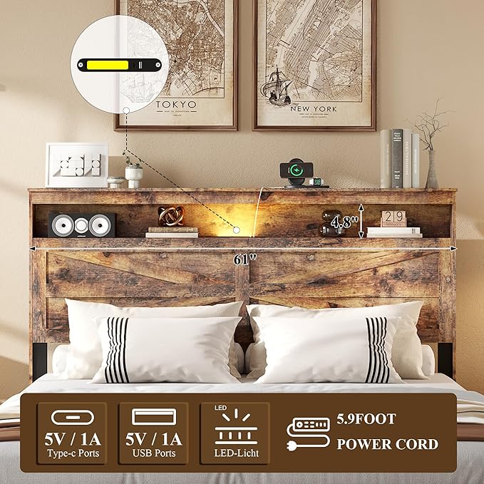 Farmhouse Queen Size Bed Frame with Headboard Storage Shelf, Wood Platform Bed Frame with LED Lights & Charging Station, Rustic Brown Metal Bed, No Box Spring Needed, Noise-Free Sturdy Structure