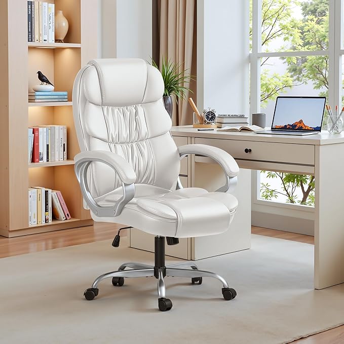 Homall Office Chair High Back Computer Desk Chair, PU Leather Adjustable Height Modern Executive Swivel Task with Padded Armrests and Lumbar Support (White)