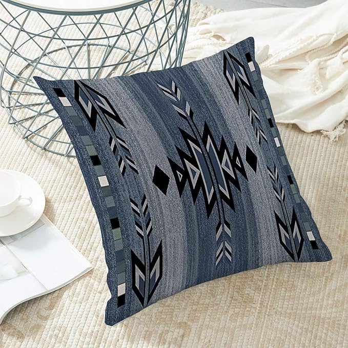 Boho Blue Carpet Throw Pillow Covers 18x18 Inch Set of 2, Rustic Tribal Decorative Throw Pillow Covers Antique Blue Linen Outdoor Cushion Cover for Sofa Couch Farmhouse Room Bed Decor