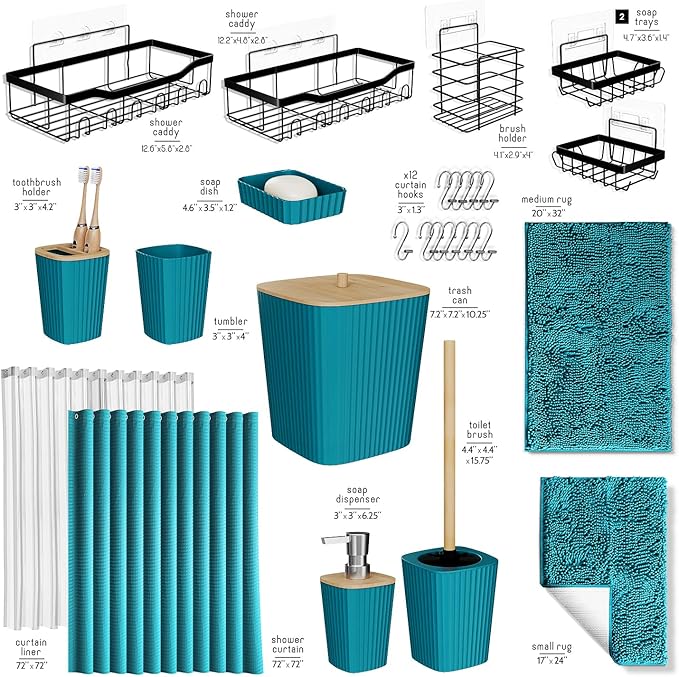 Bathroom Accessories Set with Shower Caddy and Bath Rugs, 27PC Bathroom Accessory Set with Shower Caddies Teal Bath Rugs, Shower Curtain Set, Toilet Brush, Trash Can, Soap Dispenser, Toothbrush holder