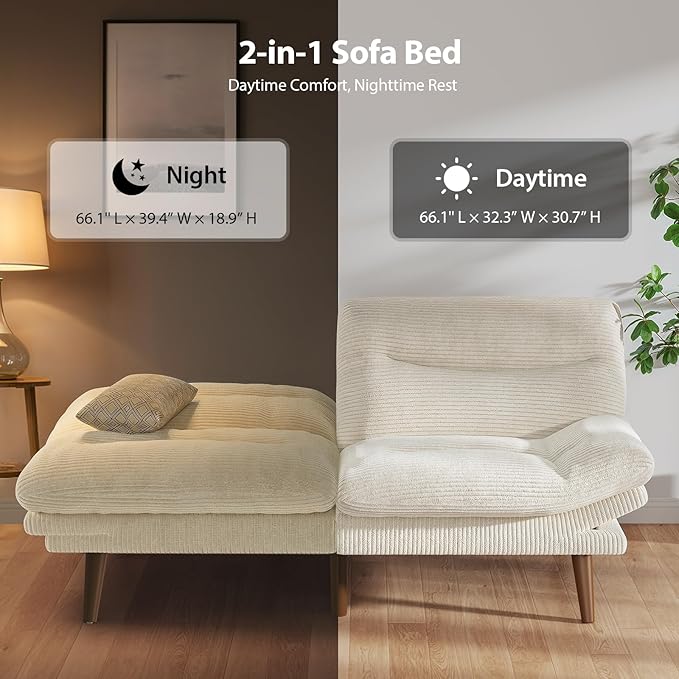 Pipishell Futon Sofa Bed, 73" Convertible Futon Couch, Adjustable Backrest & Armrests, Corduroy Recliner Sleeper Couch for Small Spaces, Living Room, Office, Guest Room (White, 73 Inch)