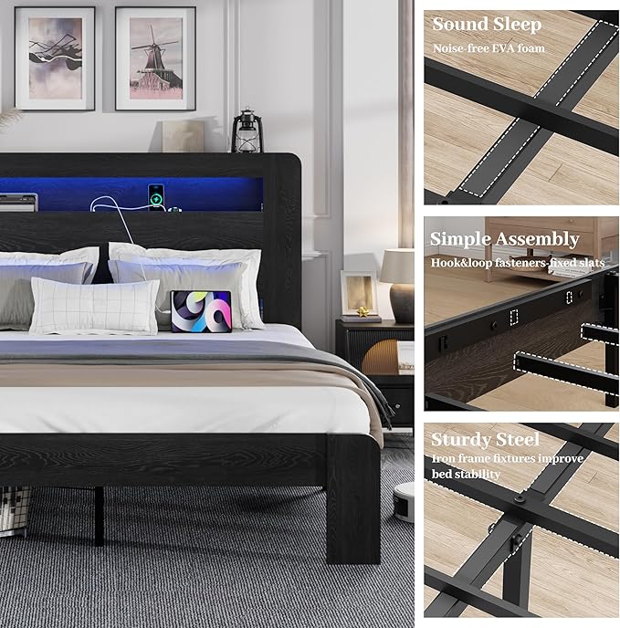 King Size Wooden Bed Frame with Bookcace Storage Headboard, Rustic Farmhouse Bedframe with LED Lights and Charging Station, Sturdy and Stable, Slat Support, No Box Spring Required (Black, King)