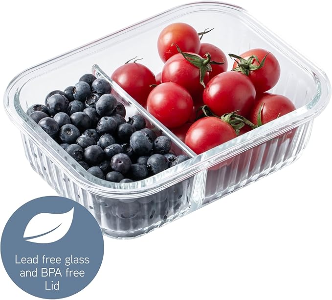 COOK WITH COLOR Premium 32-Pc. Borosilicate Glass Food Container Set with Dividers - 4 Rectangles, 8 Rounds, 4 Squares - Leakproof Lids - Meal Prep, Storage, Fluted Ombre Blue