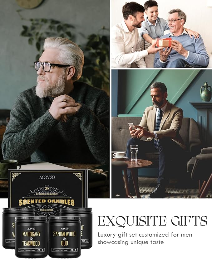 AOOVOO Scented Candles for Men - 4 Pack Candles for Home Scented, 36oz Soy Wax, 200 Hour Burn Time, Men Candle Set, Sandalwood Oud/Mahogany Teakwood/Smoke Vanilla/Jasmine Candle Set A