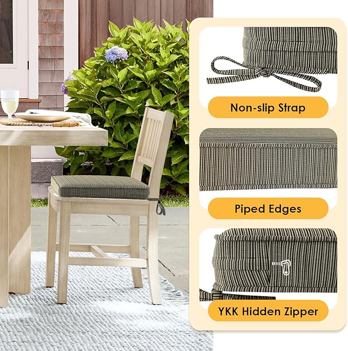 Outdoor Square Corner Seat Cushion, 18.5"x16"x3", Set of 4, Non Slip Seat Cushion Pads with Removable Cover for Patio Furniture, Garden Yard Lawn, Dark Black Tan Stripe
