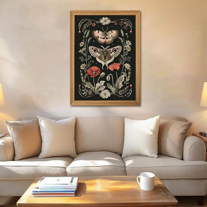 Vintage Framed Wall Art - 3D Textured Classical Style Moth Pictures Wall Decor - Hand Drawn Flowers Nature Art Painting for Living Room Bedroom Home Decor 24x36in