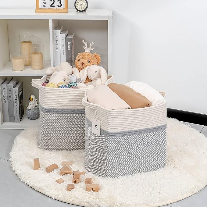 Storage Baskets for Clothes Fabric Cotton Rope Storage Basket with Handles, Decorative Woven Basket for Living Room,Closet Organizer Blankets, and 2bags (White/Gray, L16×W11.4×H15.9)