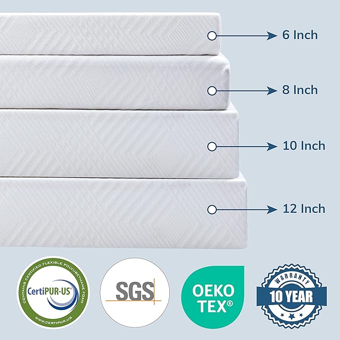 EGO White 10 inch Twin Memory Foam Mattress, Gel Green Tea Mattress Bed in a Box, CertiPUR-US Certified, 38"×75", Medium Firm