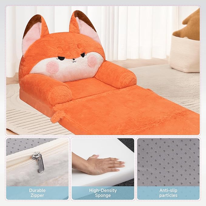MONKISS Kids Couch, Comfy Toddler Chair, 2 in 1 Fold Out Kids Sofa to Lounger, Baby Sleeper Chair, Toddler Furniture, Birthday Gifts for Boys and Girls, 1~4 Years Old, Cute Fox