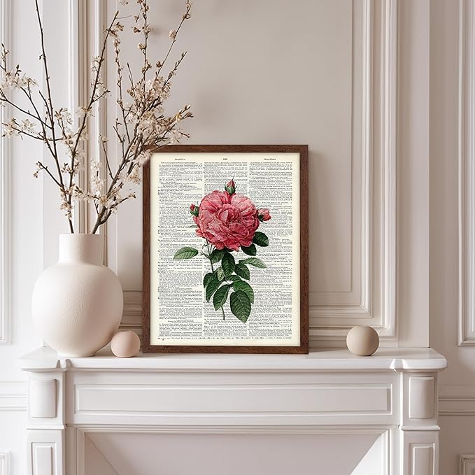 Poster Master Dictionary Art Poster - Pink Roses Print - Flower Art - Floral Art - Gift for Him, Her & Florist - Minimal Decor for Living Room, Bedroom, Dorm or Flower Shop, 11x14 Brown Framed