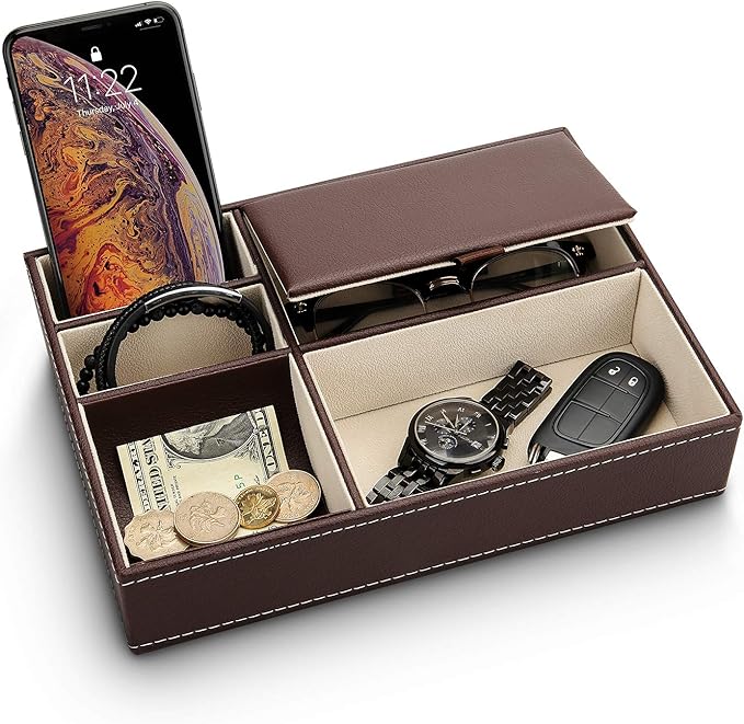 Baoyun Leather Valet Tray for Men, Mens Jewelry Organizer Box, Mens Nightstand Organizer, Leather Bedside Tray for Entryway, Dresser Organizer Countertop for Bedroom Men Room Decor