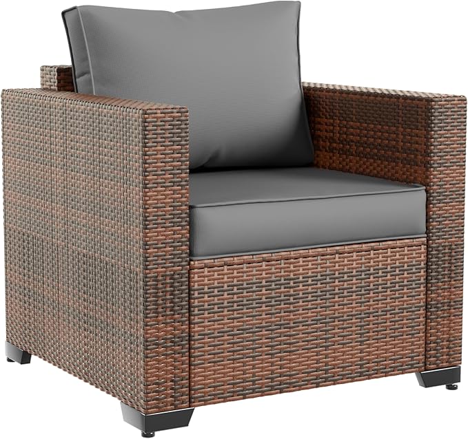 Amopatio Wicker Outdoor Sofa & Patio Couch Set - High Back Waterproof Patio Furniture Single Armrest Chair with Non-Slip Cushions, Outdoor Furniture Cover, Grey