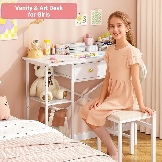 Vanity Desk Without Mirror, Makeup Vanity for Girls with 2 Fabric Drawers, Small Vanity Table with Iron Hook, 35 Inches Dressing Table with Storage, White