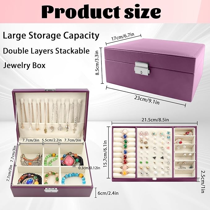 Homeanda Jewelry box 2 layer Jewelry box Leather Jewelry boxes for Women Girls Teens Jewelry organizer box Jewelry Storage box with lock(Purple)