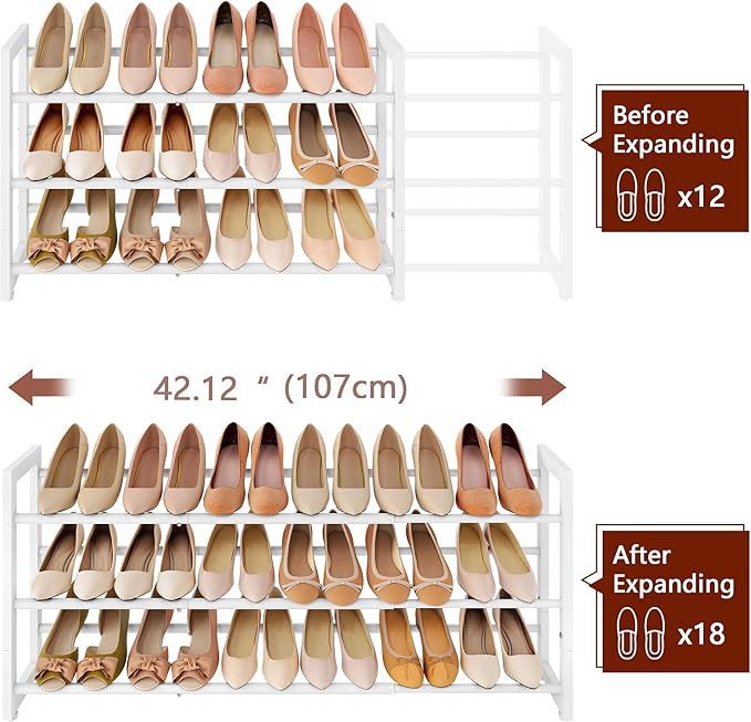 FAVOOSTY 3-Tier Expandable Shoe Rack, Adjustable Shoe Shelf Storage Organizer Space Saving Metal Free Standing Shoe Rack for Entryway Closet Doorway, White