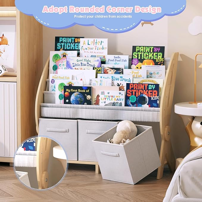 Kids Bookshelf 4 Tier Toddler Book Rack Baby Bookcase with 3 Toy Storage Organizer Cube Bins Fabric Sling Children Bookshelf for Boys Girls Kids Room Nursery Palyroom Book Display Shelf Wood