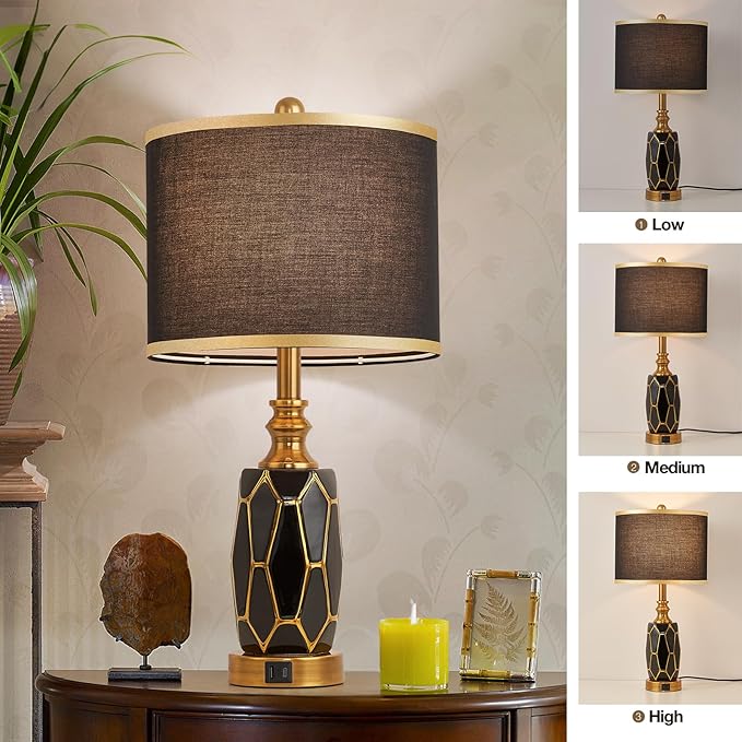 Set of 2 Touch Control Table Lamps for Bedroom Livingroom,Modern Ceramic Table Lamp with USB Ports,Bedside Nightstand Lamp with Fabric Drum Lampshade,Blubs Included (Black)