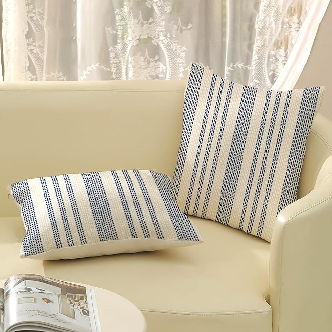 Boho Pillow Covers 18x18 Pack of 2 Blue Polka Dot Stripes Decorative Throw Pillow Covers Bohemian Abstract Modern Decoration Pillowcase Farmhouse Linen Cushion Case for Home Couch,Outdoor Decor