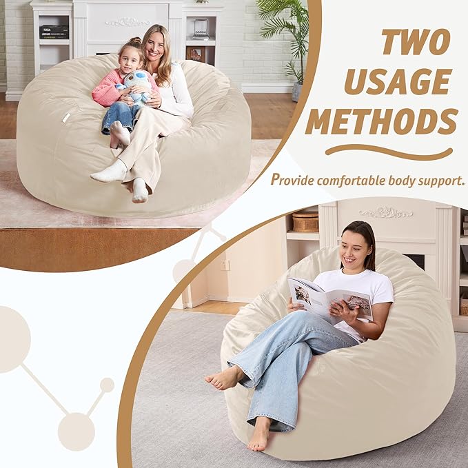 5FT Bean Bag Chair with Ultra Soft Velvet Cover Bean Bag Sofa with Memory Foam Bean Bag Chairs with Large Size Lazy Sofa for Dorm Office Living Room Bedroom Beige 5'