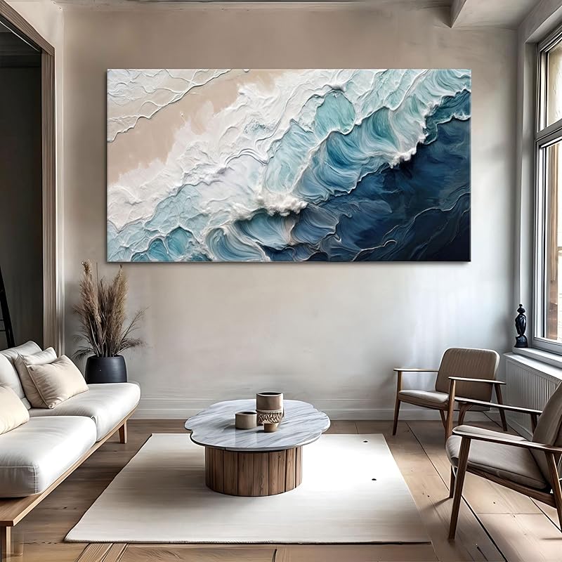 Tailored Canvases Crashing Coastal Waves Impasto Wall Art for Living Room, Abstract Seascape Canvas, Beach Paintings, Wave Artwork, Coastal Ocean Decor, Nautical Blue and White Accent Print 18x36