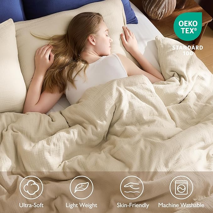 EMME Muslin Cotton Duvet Cover Set Twin Size Light Tan Linen Like Soft Breathable Lightweight Summer Comforter Cover Set with Zipper Closure (Light Tan, Twin, 68"x90")