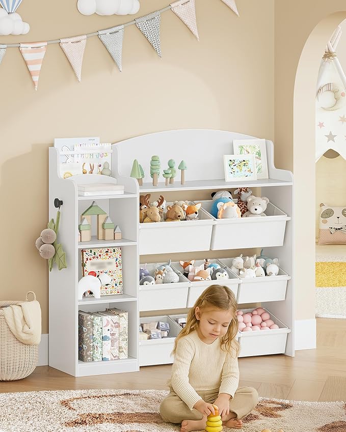 Toy Storage Organizer, Toy Shelf with 8 Storage Bins, Playroom Storage, Kids Bookshelf, 4-Tier Toddler Bookshelf for Children's Room, Bedroom, Living Room, Study Room, Nursery White KB42003W