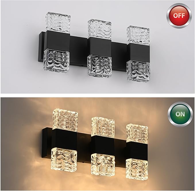 MELUCEE Modern LED Bathroom Lights Over Mirror 24W Dimmable Crystal Wall Sconce LED Vanity Light Bar 3 Lights Black Bathroom Wall Light Fixtures for Bath Powder Room, 3000K Warm Lighting