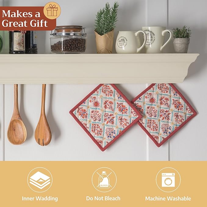 Maison d' Hermine Pot Holders Set 100% Cotton Heat Resistant Potholders 8" x 8" Hot Pads with Loop for Thanksgiving Christmas Decorations BBQ Cooking Baking Handling Hot Pans (Pack of 2, Romane)