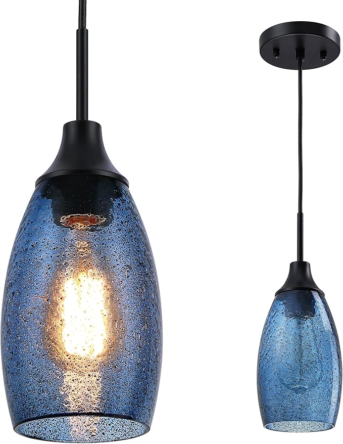 Mini Glass Pendant Light 1-Pack Handblown Clear Dark Blue Seeded Glass Shade Adjustable Cord Ceiling Light Fixture for Kitchen Island Sink 4.72"