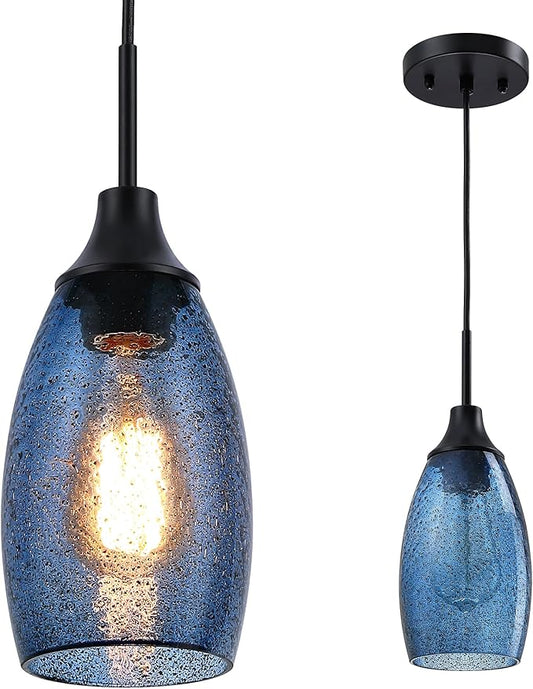 Mini Glass Pendant Light 1-Pack Handblown Clear Dark Blue Seeded Glass Shade Adjustable Cord Ceiling Light Fixture for Kitchen Island Sink 4.72"