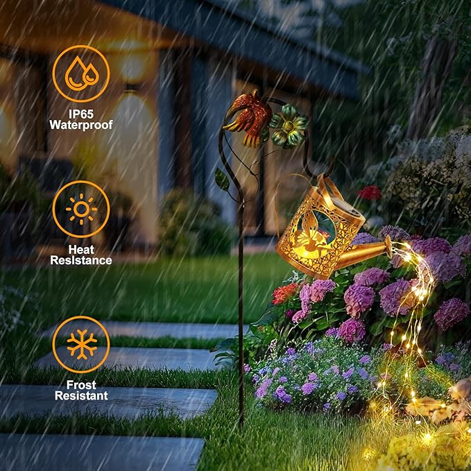 Solar Lights Outdoor Garden Decor Solar Watering Can with Crackle Glass Lights Waterproof Metal Hanging Fairy Lantern for Patio Lawn Yard Outside Decorations- Unique Gift Ideas for Gardening