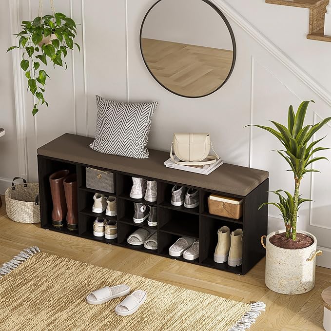 DINZI LVJ Shoe Storage Bench with Cushion, 15-Cubby Shoe Rack, Adjustable Shelves, Long Shoe Organizer Bench for Entryway, Mudroom, Hallway, Living Room, Bedroom and Garage