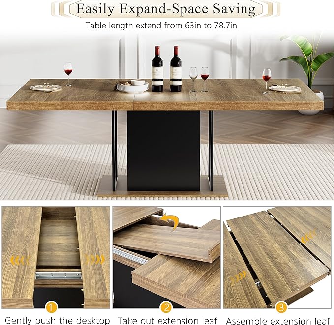 Goujxcy 78.7" Farmhouse Extendable Dining Room Table Set for 4, 5-Piece Rectangle Kitchen Dining Room Table Set with Wood Base and 4 Orange Velvet Dining Chairs, Extending Kitchen & Dining Table Set