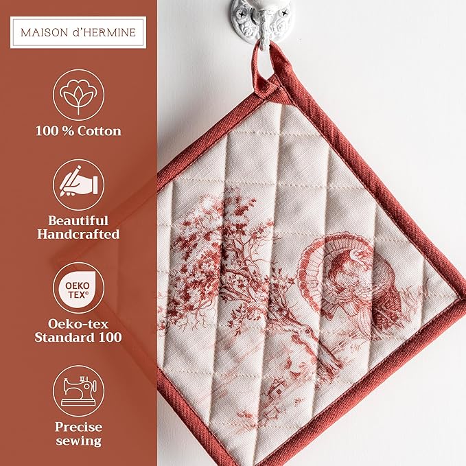 Maison d' Hermine Pot Holders 100% Cotton Heat Resistant Potholders 8" x 8" Hot Pads with Loop for Thanksgiving Christmas Decorations BBQ Cooking Handling Hot Pans (Pack of 1, Holy Jouy - Brown)