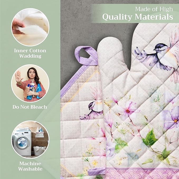 Maison d' Hermine 100% Cotton Oven Mitt & Pot Holder Set (7.5"x13" & 8"x8") Heat Resistant BBQ Cooking Gloves with Loop, Baking, Grilling, Kitchen, Handling Hot Pans Spring/Summer (Magnolia Mornings)