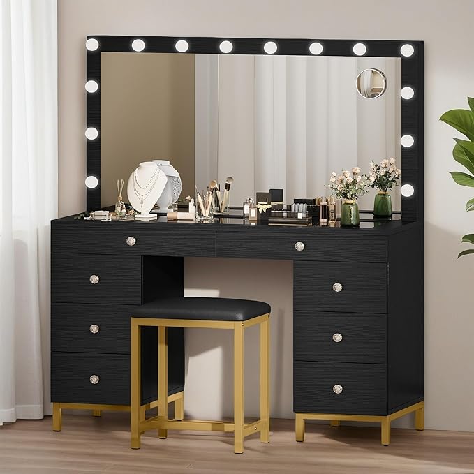 DWVO Black Vanity Desk with Mirror: Makeup Table Set with 14 LED Lights & Charging Station Magnifying Mirror, 3 Light Modes, 8 Drawers and Storage Stool