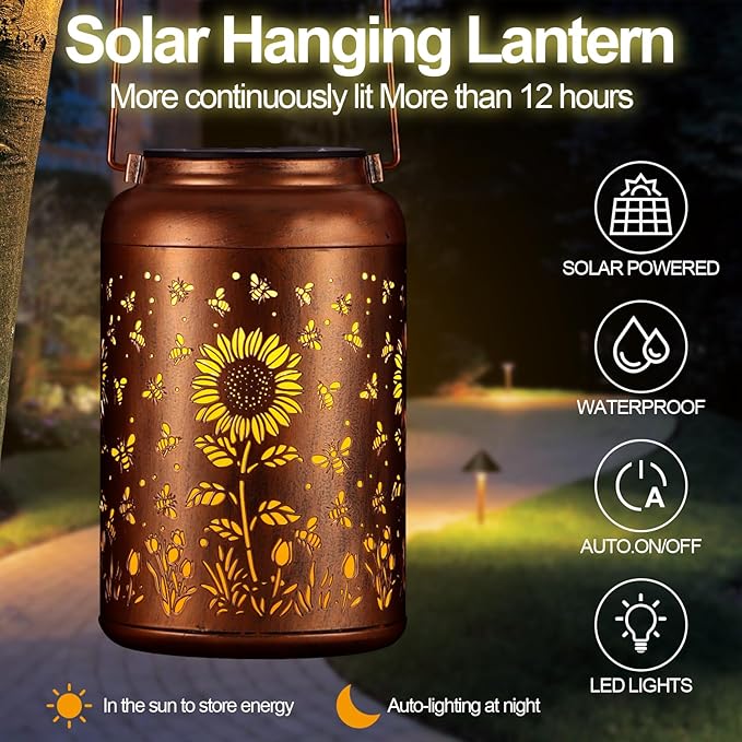 Solar Lanterns Outdoor, Waterproof Hanging Metal Solar Lanterns LED Decoration for Garden, Yard, Patio - Perfect Birthday Gifts for Women Mom Grandma(Sunflower + Bee)
