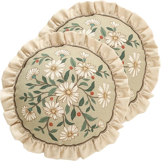 Design Round Floral Linen Throw Pillow Covers Diameter 16" Pack of 2,Beige Simple Elegant Daisy Pattern Cushion Covers Decor Pillowcases for Bed,Living Room,Outdoor,Car