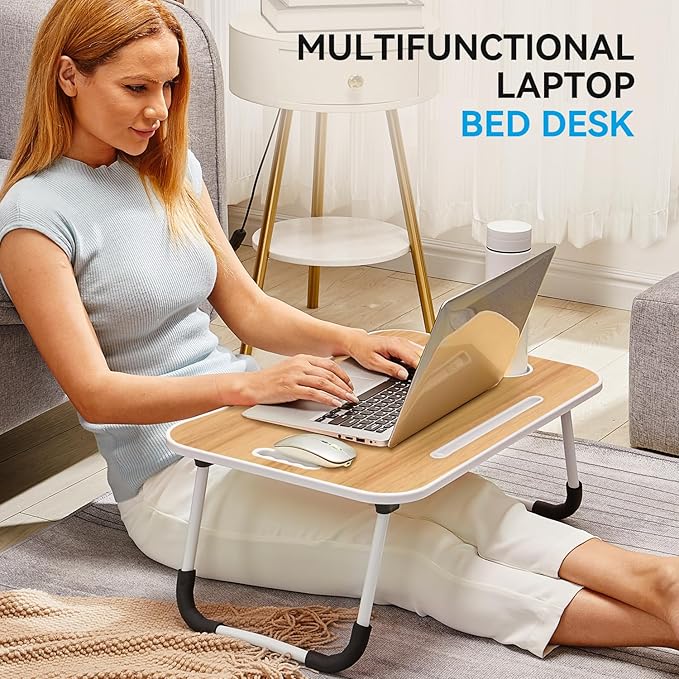 BUYIFY Folding Lap Desk, 23 Inch Portable Wood Yellow Laptop Bed Desk Lap Desk with Cup Holder, for Working Reading Writing, Eating, Watching Movies for Bed Sofa Couch Floor