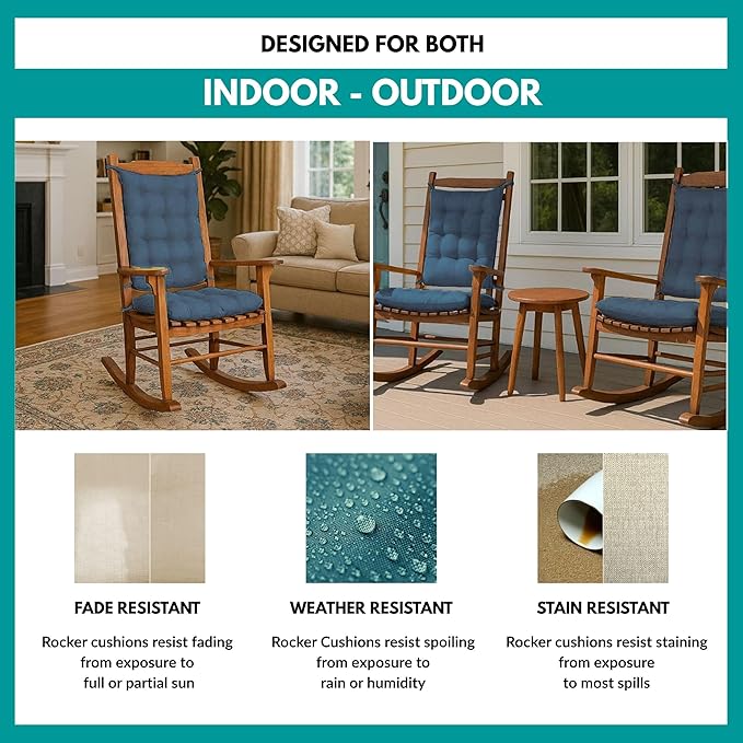 Rave Pacific Blue Porch Rocker Cushions - Small - Indoor-Outdoor: Fade & Weatherproof - Latex Foam Filled Rocking Chair Seat Cushion & Backrest Pad Set - Solid Color
