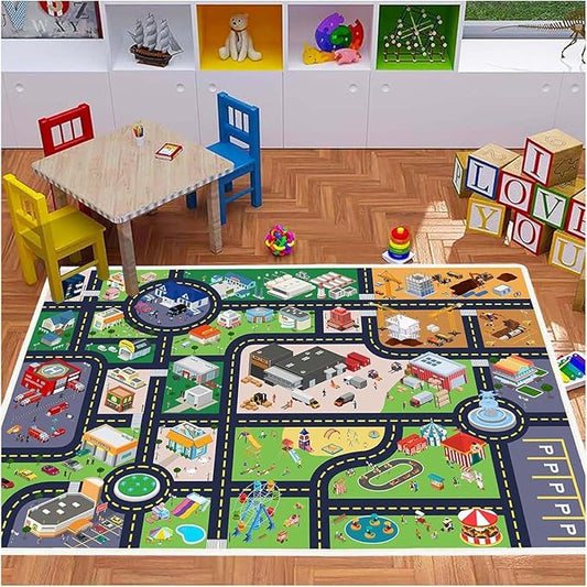 Kids Rug Playroom Car Rug Play Mat City Life Road Rug for Cars Fun City Map for Track Toys,Carpet for Bedroom Boys (city01, 5.2×7.9ft/63×94in)