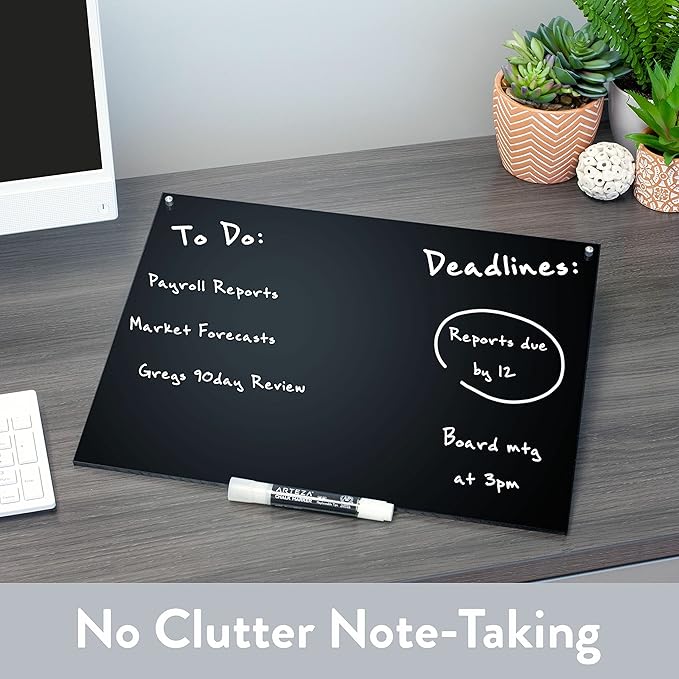 Desk Dry Erase Board with Erasable Marker | White, Black, Clear Acrylic Whiteboard Surface | Angled Writing Tablet | Personal Organizer with Daily Schedules | Weekly to-Do Lists (Black - 12x16)