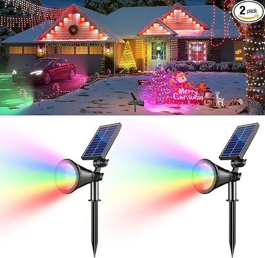 Solar Color Changing Lights, 2 Modes Solar Spotlights Outdoor Waterproof Ip65, Outdoor Lights for Outside Yard Garden Landscape Pathway Tree Decorations- 2 Pack (Multicolor)